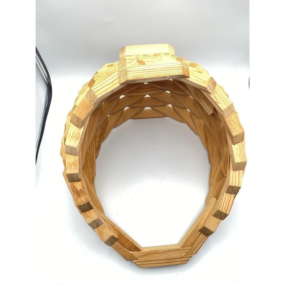 Vintage MCM Handmade Wood Geometric Block‎ Basket Bowl Mid Century Decor